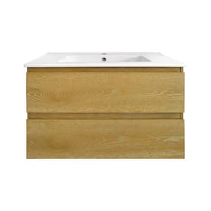 30 in. Single Sink Wall Hung Wood Bath Vanity in Natural Oak with White Ceramic Top (Assembled)