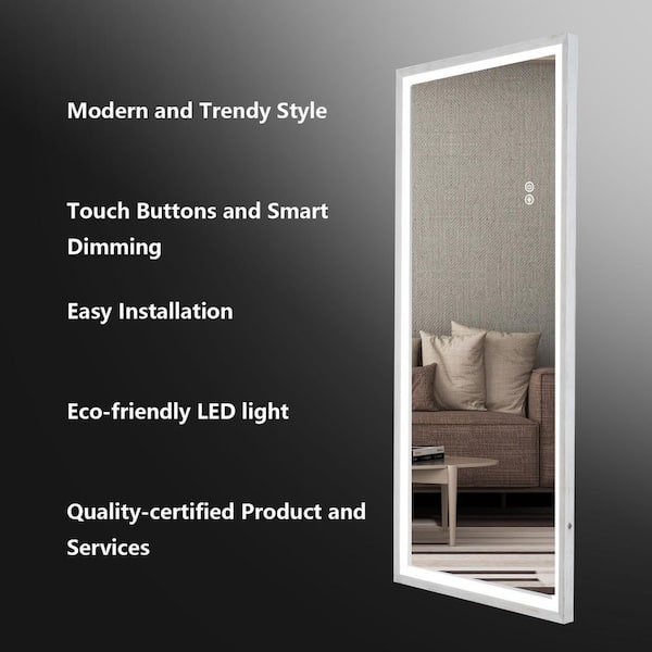 22 in. W x 48 in. H Modern White Solid Frame Full-Length Mirror Glass Mirror Aluminum Profile Floor Mounted with LED