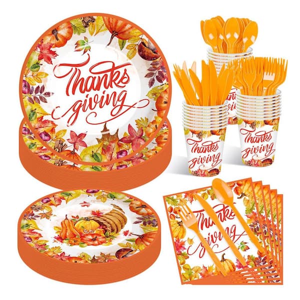 175-Piece Orange Harvest-Themed Disposable Tableware Set (Service for 25) with Plates Cups Napkins Forks Spoons Knives