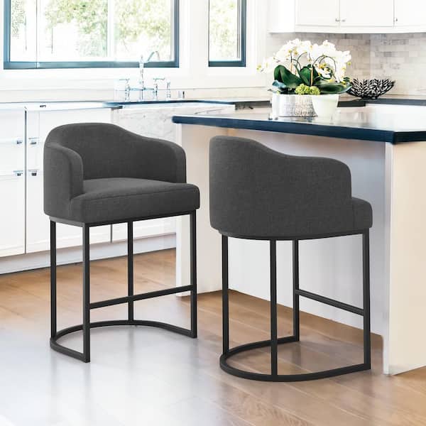 LUE BONA Crystal 26in.Charcoal Gray Linen Fabric Upholstered Counter Stool Kitchen Island Bar Stool with Metal Frame Set of 2