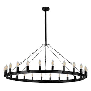 Vintage 47.24 in. 24-Light Black Candle Style Wagon Wheel Chandelier