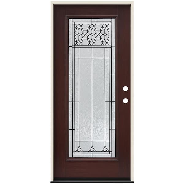 JELD-WEN 36 in. x 80 in. Left-Hand Full Lite Selwyn Decorative Glass Amaretto Stain Fiberglass Prehung Front Door with Brickmould