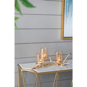 Twig 3-Pillar Gold/Clear Glass Candle Holder 15.7 in. W x 8.7 in. L x 7.1 in. H