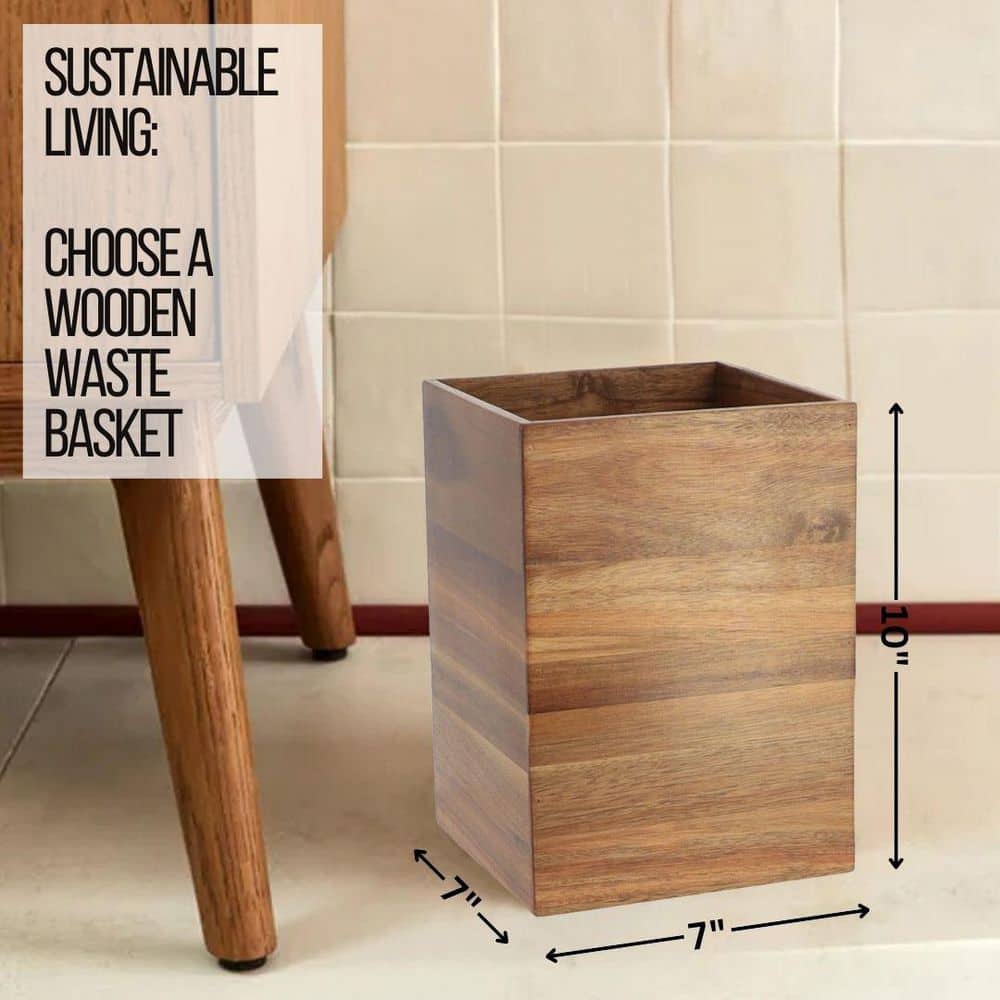Acacia Wood Square Waste Basket for Bathroom/Bedroom - 2 Gallons
