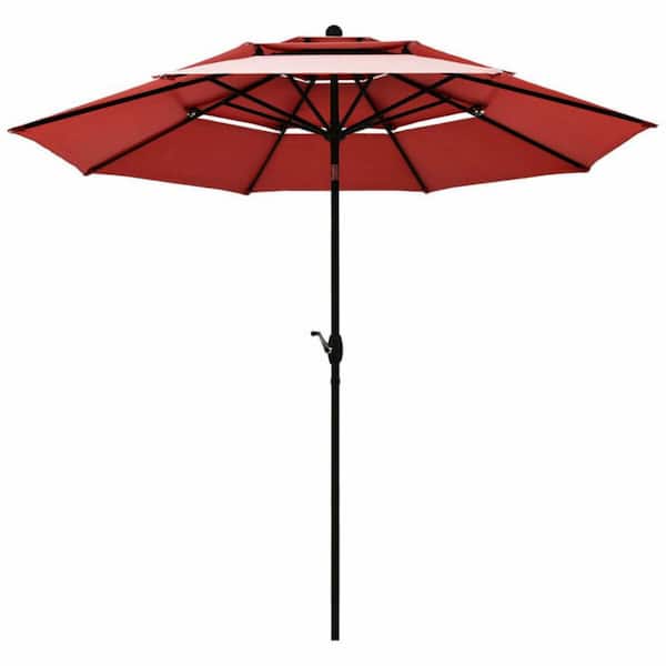 Clihome 10 ft. 3-Tier Aluminum Outdoor Market Patio Tilt Umbrella Sunshade Shelter with Double Vented and 8-aluminum rib in Red