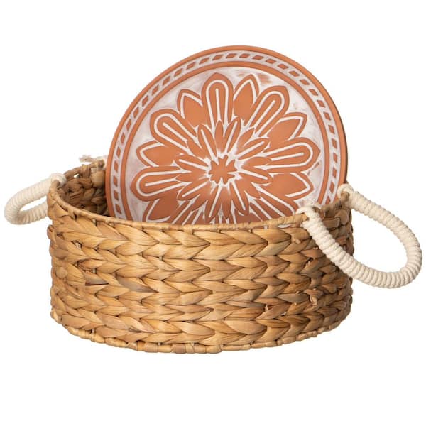 Handwoven Wicker Bread Basket with Terracotta Stone Warmer & Rope Handles for Kitchen, Dining, Bird Design