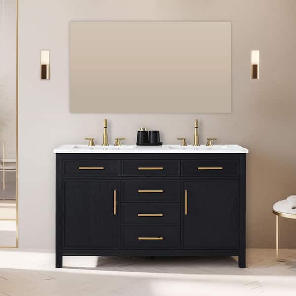 Logan 54 in. W Bath Vanity in Ebony with Engineered Stone Top in Carrara White with White Sinks