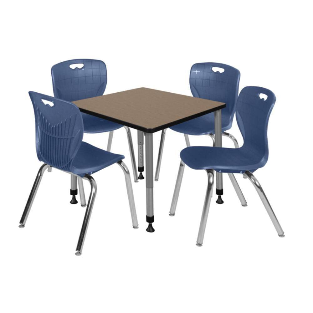 Kee 30 in. Square Noble Oak Adjustable Classroom Table Desk with Grey Base and 4 Andy 18 in. Blue Stack Chairs