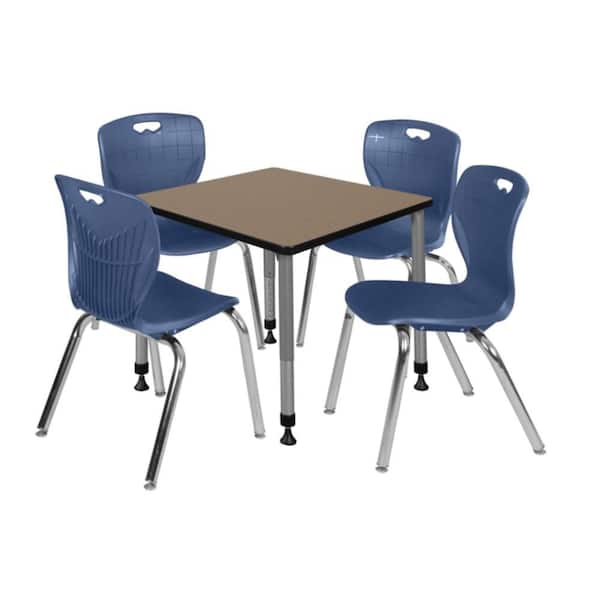 Kee 30 in. Square Noble Oak Adjustable Classroom Table Desk with Grey Base and 4 Andy 18 in. Blue Stack Chairs