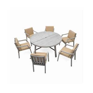 7-Piece Wood and Metal Antique Gray Outdoor Dining Set with an Umbrella Hole and Removable Light Brown Cushions