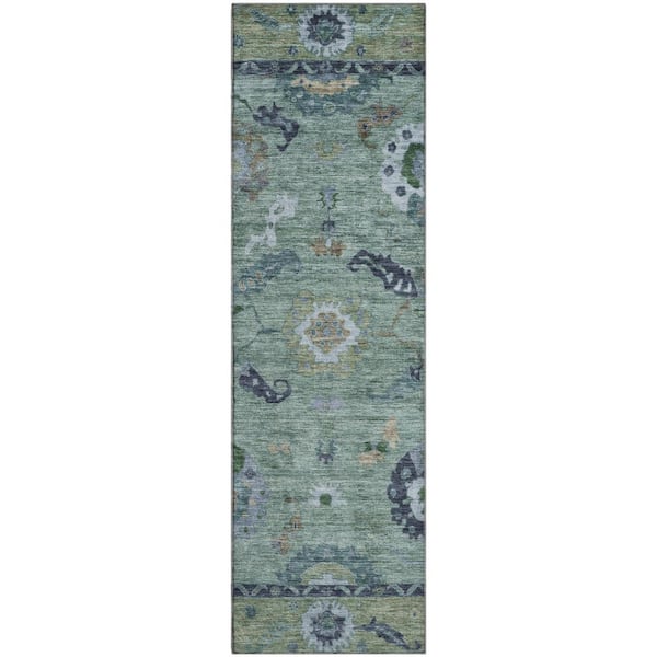 Mayfield Premium Machine Washable Abstract AMF2230 Green 2 ft. x 7 ft. Runner Rug