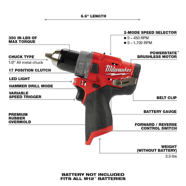 Details about   New Milwaukee FUEL M12 12 Volt Cordless 1/2" Hammer Drill Driver 2504-20 