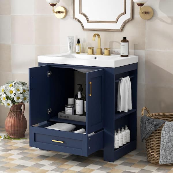 EPOWP 29.5 in. W x 18.11 in. D x 33.46 in. H Freestanding Bath Vanity in Blue with White Ceramic Top and Large Storage Cabinet