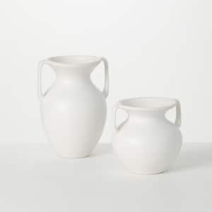 9" and 6" White Bisque Ceramic Handled Ceramic Urn (Set of 2)