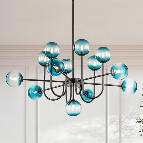 Xochitl 13-Light Mid-Century Modern Black Linear Sputnik Gradient Blue Glass Globe Bubble Chandelier for Living Room Lighting