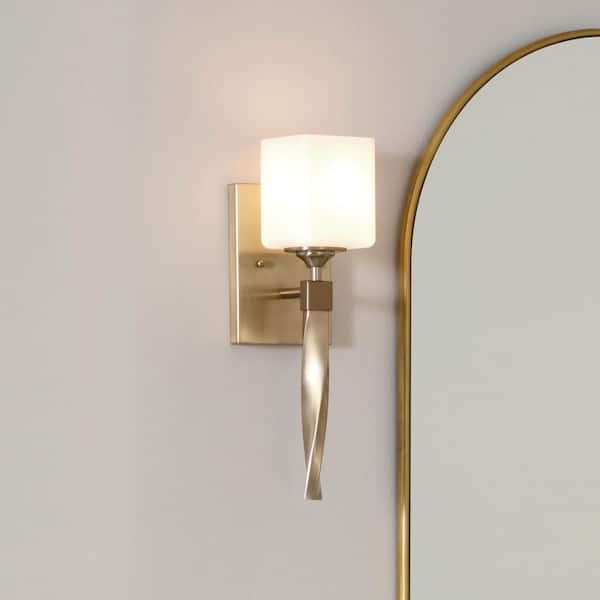 Marette 1-Light Champagne Bronze Bathroom Indoor Wall Sconce Light with Satin Etched Cased Opal Glass Shade