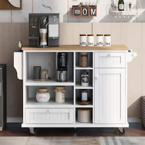 White Kitchen Island Kitchen Cart with Storage Cabinet and Microwave Cabinet, 2 Locking Wheels, Solid Wood Desktop