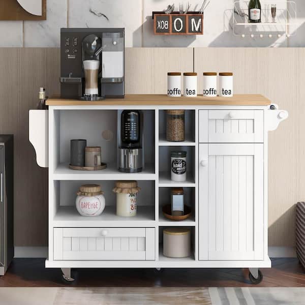 FUNKOL White Kitchen Island Kitchen Cart with Storage Cabinet and Microwave Cabinet, 2 Locking Wheels, Solid Wood Desktop