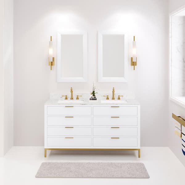 Water Creation Bristol 60 in. W x 21.5 in. D Vanity in Pure White with Marble Top in White with White Basin, Hook Faucet and Mirrors