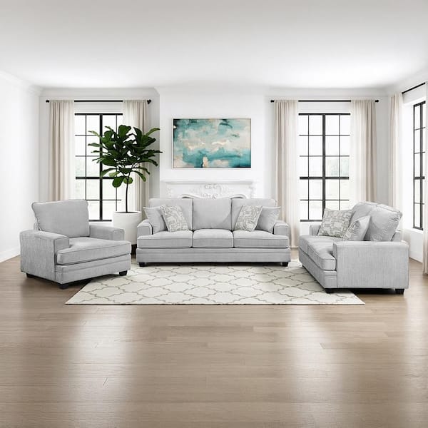 Carlton 90 in. W Sqaure Arm Chenille Rectangle 3-Piece Living Room Sofa Set in Stone Gray