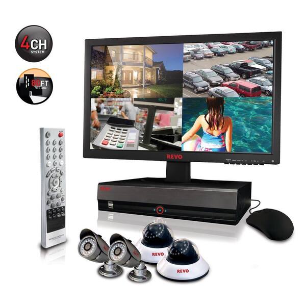 Revo 4-Channel 1TB DVR4 Surveillance System with 18.5 in. Monitor and (4) 600 TVL 80 ft. Night Vision Cameras