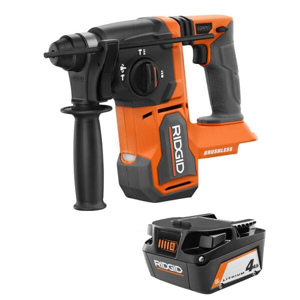RIDGID 18V Brushless Cordless 1 in. SDS-Plus Rotary Hammer with 18V Lithium-Ion 4.0 Ah Battery
