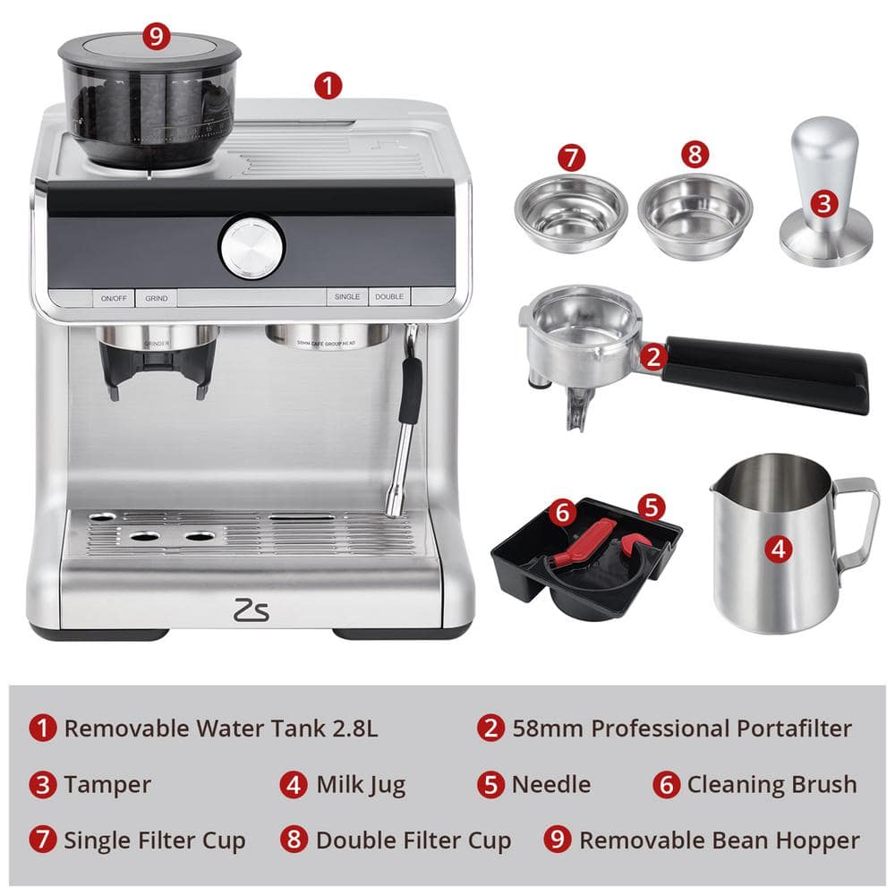 2-Cup Semi-Automatic Espresso Machine in Silver with Built-In Grinder, Milk Frothier, 20 Bar - Thumbnail 2