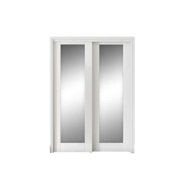 TENONER 60 in. x 80 in. MDF, White Double Mirrored 1-Panel Glass Sliding Door with All Hardware