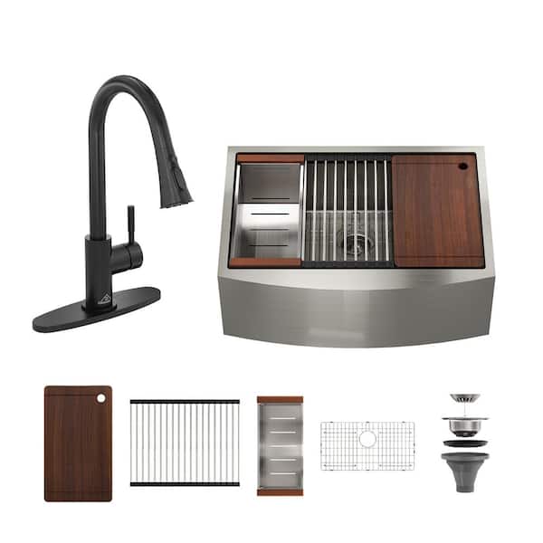 33 in. Farmhouse/Apron-Front Single Bowl Brushed Stainless Steel Workstation Kitchen Sink with Faucet and Accessories