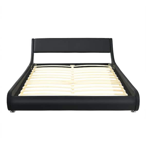 ANGELES HOME Black Wood Frame Full Size Faux Leather Upholstered Platform Bed with Adjustable Headboard