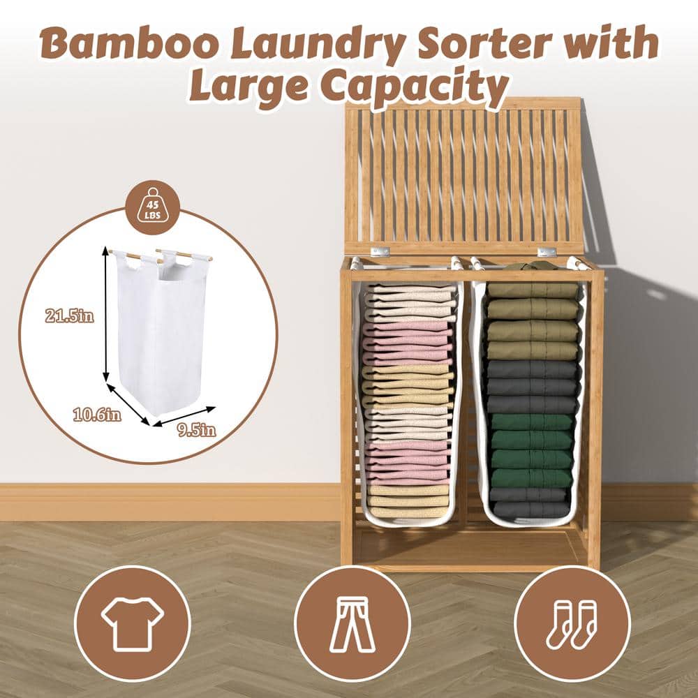 Natural Bamboo 2-Section Collapsible Laundry Hamper with Lid