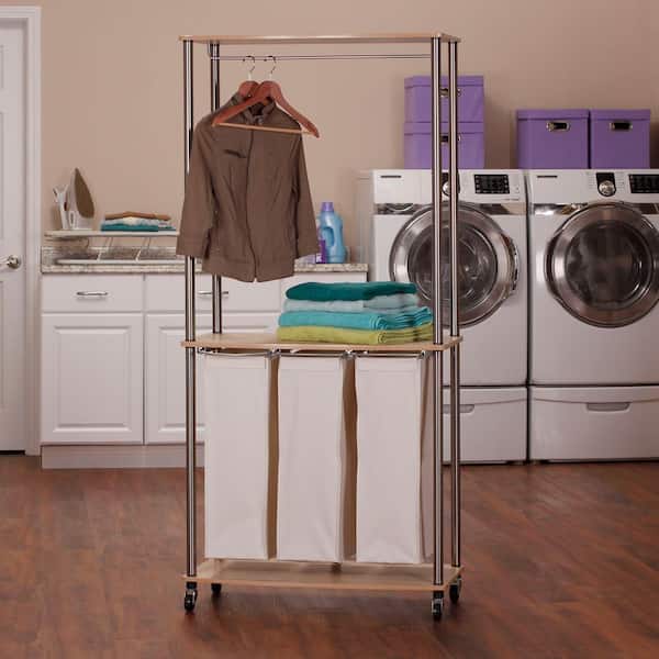 Household Essentials - Rolling Laundry Sorter Center with Hanging Rod - Natural/Light Ash