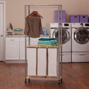 3 Bin Laundry Room Sorter Hamper Basket Ironing Board Combo Beige with Wheels 