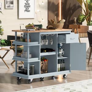Gray Blue Rubberwood Top 40 in.. Multipurpose Kitchen Island Cart with Side Storage Shelves and W in.e Rack