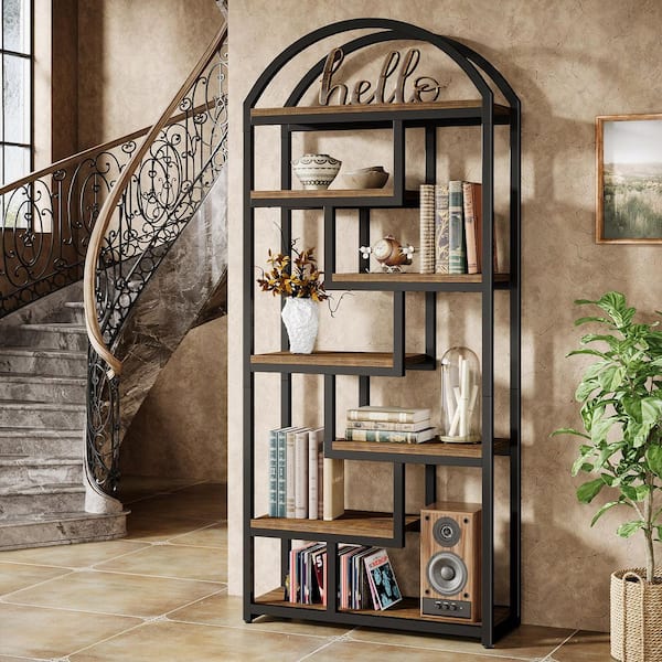 71 in. Tall Rustic Brown Arched Wood 6-Shelf Standard Bookcase with Open Shelves for Living Room, Home Office Set of 2