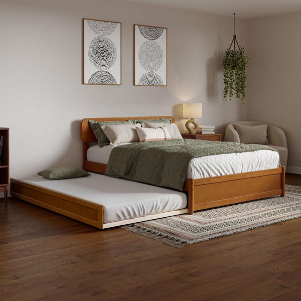 Capri Light Toffee Natural Bronze Solid Wood Frame Full Platform Bed with Panel Footboard and Twin Trundle