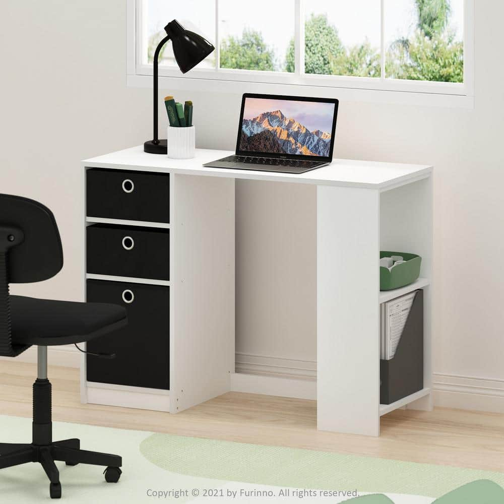 Furinno Jaya Modern 39.37 in. Rectangle White/Black Wood 3-Drawer Desk ...