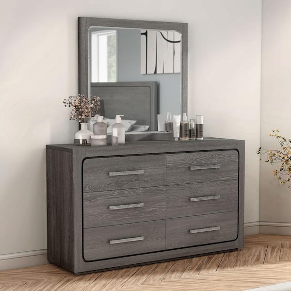 Furniture of America Rally Gray 6-Drawer 62 in. Dresser with Mirror with Felt-Lined Top Drawer, Jewelry Tray and Rounded Edges