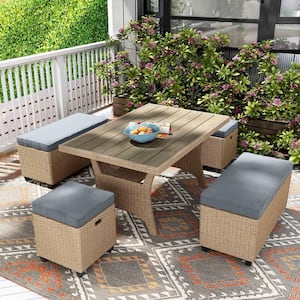 Dasan Natural 5-Piece Wicker Outdoor Dining Set with Gray Cushions