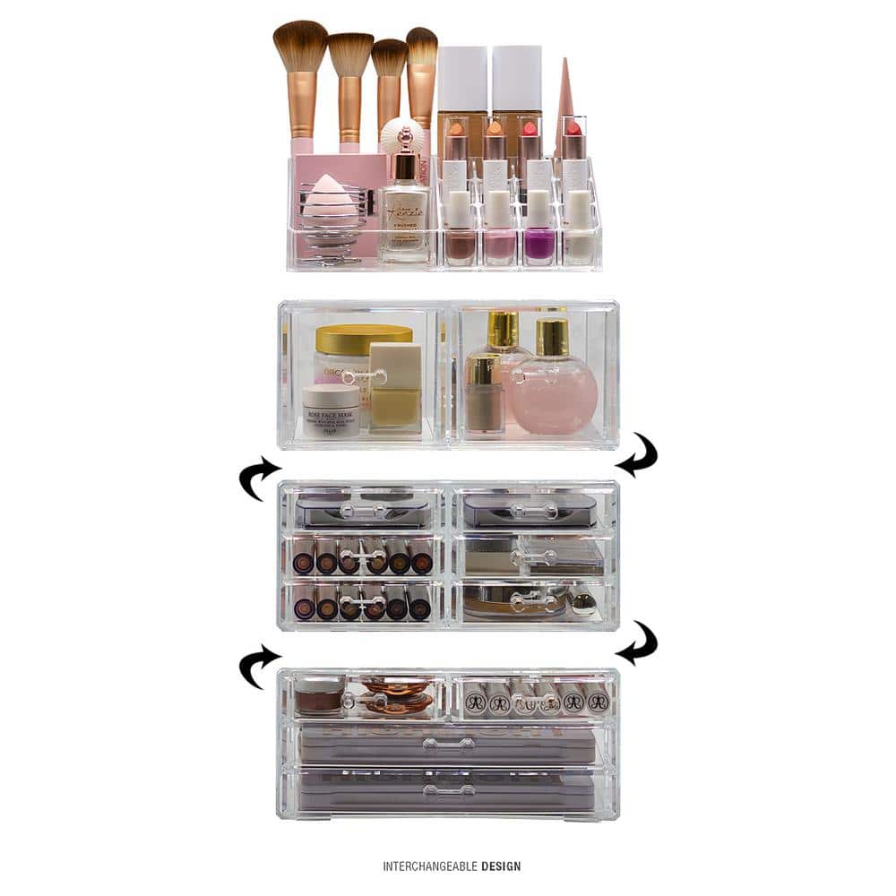 Marble and Clear Acrylic 12-Drawer Makeup Organizer Tower
