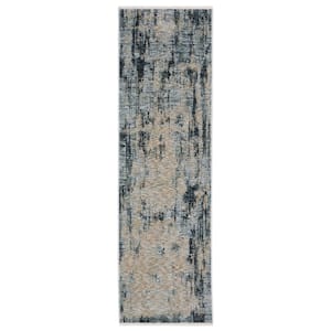 Haven Beige/Blue 2 ft. x 8 ft. Abstract Ethereal Polyester Fringed Indoor Runner Area Rug