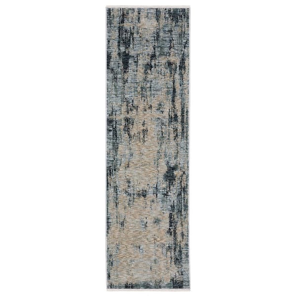 AVERLEY HOME Haven Beige/Blue 2 ft. x 8 ft. Abstract Ethereal Polyester Fringed Indoor Runner Area Rug