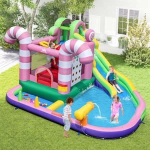 9-In-1 Inflatable Bounce House Sweet Candy Water Slide Park Pool with 735-Watt Blower