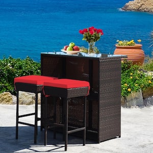 3-Pieces Wicker Outdoor Bar Set Table with 2 Red Cushioned Stools