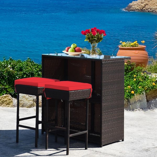3-Pieces Wicker Outdoor Bar Set Table with 2 Red Cushioned Stools