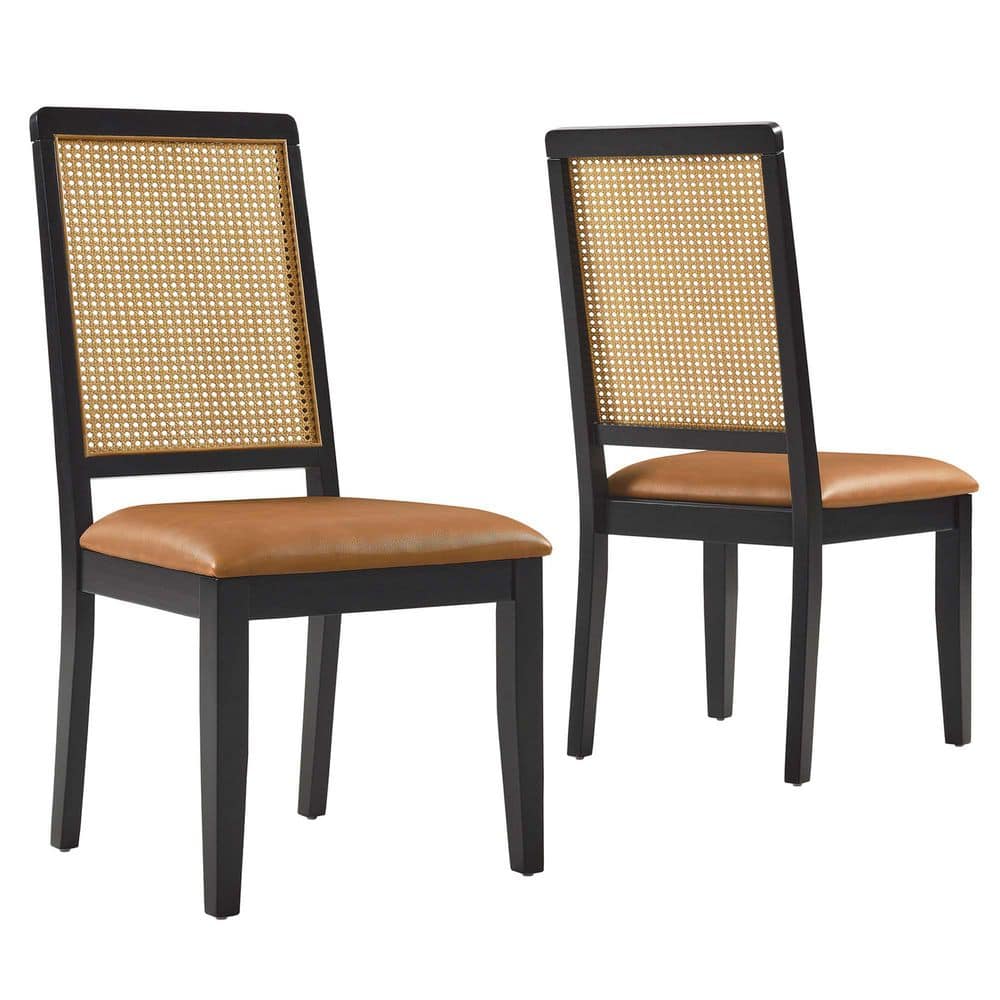 Arlo Faux Leather Upholstered Faux Rattan and Wood Dining Side Chairs - Set of 2 in Black Natural Tan
