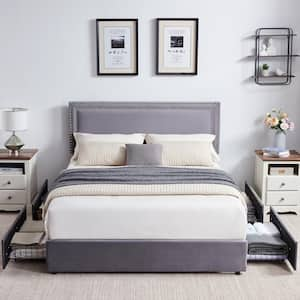 Platform Bed Frame Gray Metal Frame Full Size Platform Bed 4-Storage Drawers, Upholstered Bed Headboard