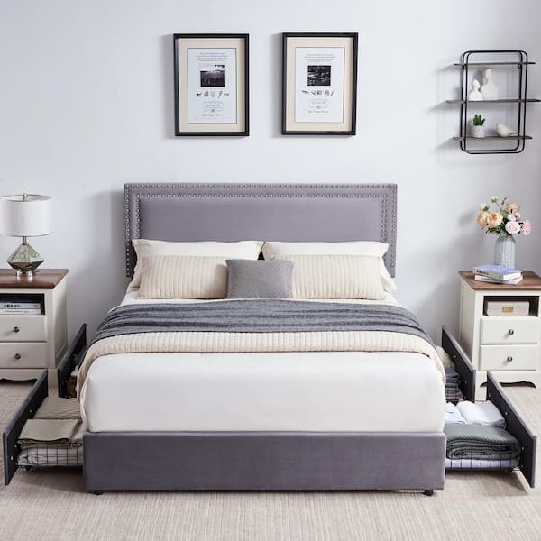 VECELO Platform Bed Frame Gray Metal Frame Full Size Platform Bed 4-Storage Drawers, Upholstered Bed Headboard