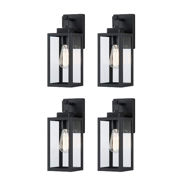 Hukoro Bonanza 14 in. 1-Light Matte Black Outdoor Hardwired Wall Lantern Sconce with Clear Glass Shade, 1 x E26 (4-Pack)