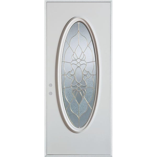 Stanley Doors 32 in. x 80 in. Traditional Brass Oval Lite Painted White Right-Hand Inswing Steel Prehung Front Door